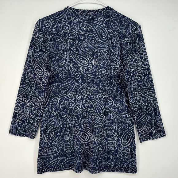 Chaps Denim Womens Large Pullover Mesh Top Blue Paisley Fitted Ruffles 3/4 Slv - Picture 6 of 8